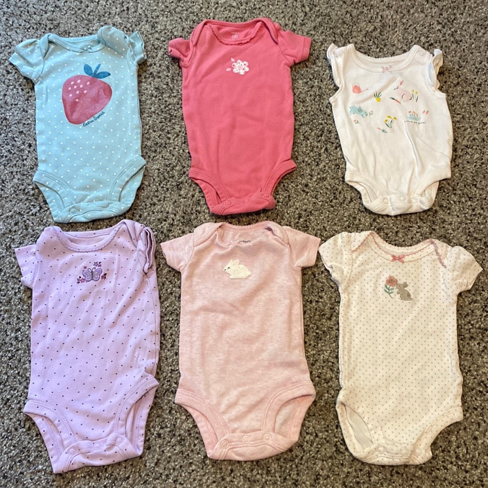 6 newborn Carter’s girl onesies. Garden theme bunnies, flowers, strawberries